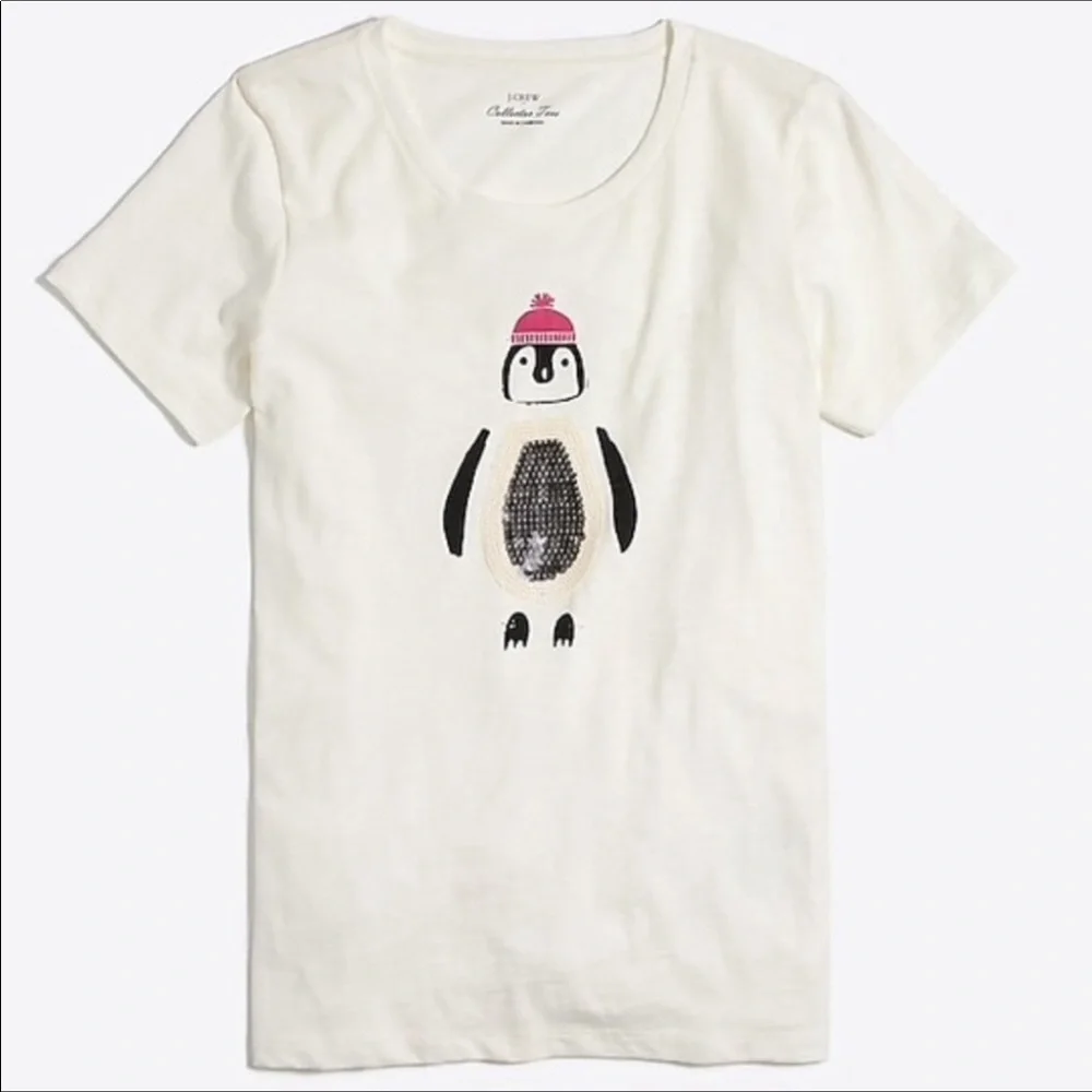 J. Crew Sequin Penguin Collector T-Shirt Short Sleeve Cotton Crew Neck Size XXS